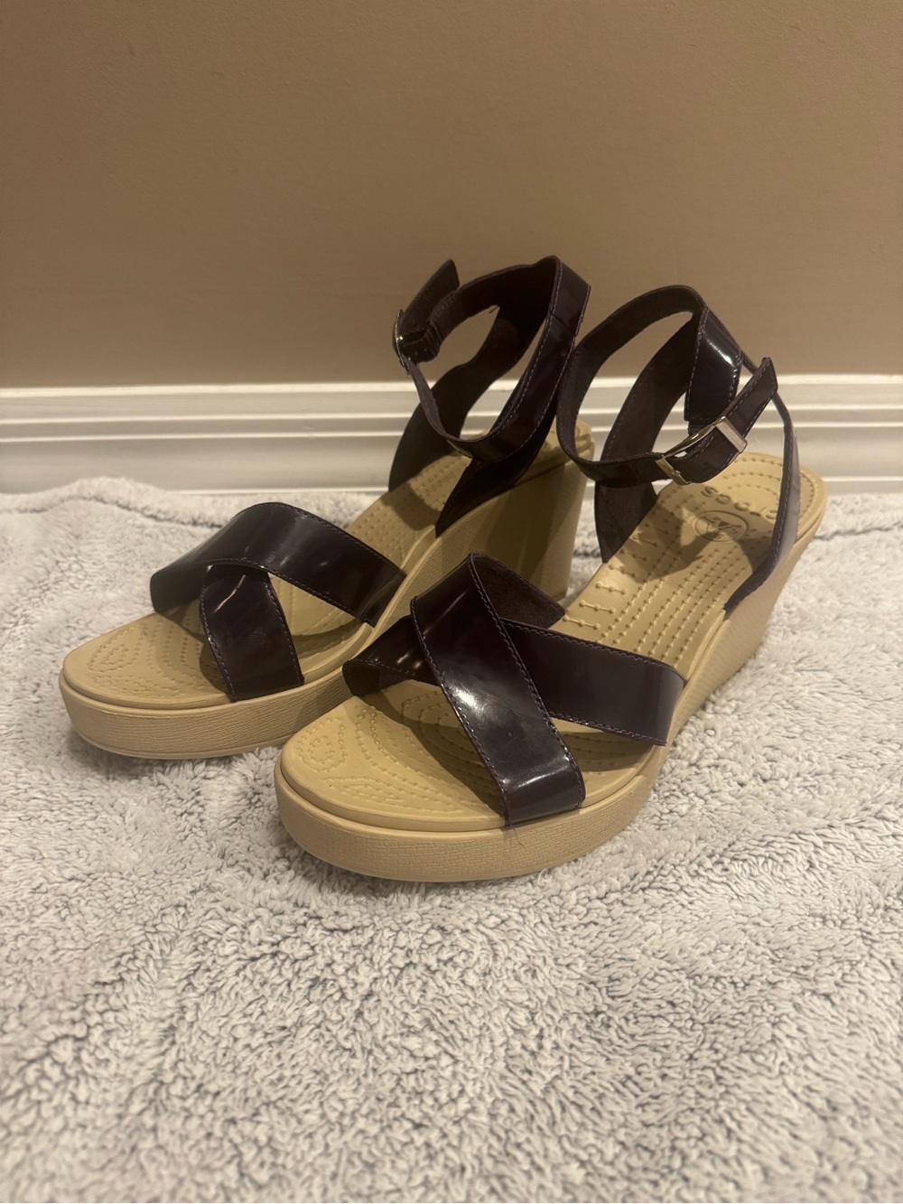 CROCS Patent Leather-Look Ankle Strap Wedges in dark purple and Tan